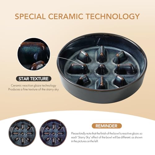 Havniva 1.2 Cup Elevated Slow Feeder Dog Bowls, 7.3” Dog Slow Feeding Bowls + 6.1” Ceramic Dog Water Bowls Set with Acacia Wood Stand, Dog Food Bowls Puzzle Feeder for Small Dogs Non-Slip Anti-choking - color: 2 x Starry Sky + Stand - C, size: M- 7.3inch