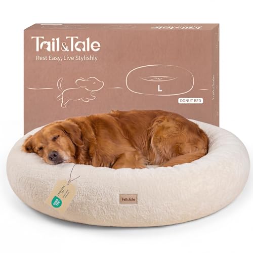 Cooling Calming Donut Dog Bed for Large Dogs – Orthopedic Memory Foam Round Dog Bed for Anxiety Relief & Senior Joint Support, Waterproof Liner, Washable Removable Cover & Non-Slip Bottom - color: Beige, size: Large