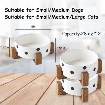 Petygooing Ceramic Dog Bowl Set with Stand,Pet Food and Water Bowl, Anti -Slip Set of 2 Pet Bowls-Dog Food Bowls- Pet Feeder Small Medium Size (28 OZ /3.6 Cups) Black Dot - color: Black Dot, size: Medium Size Dog Bowls 850ML*2