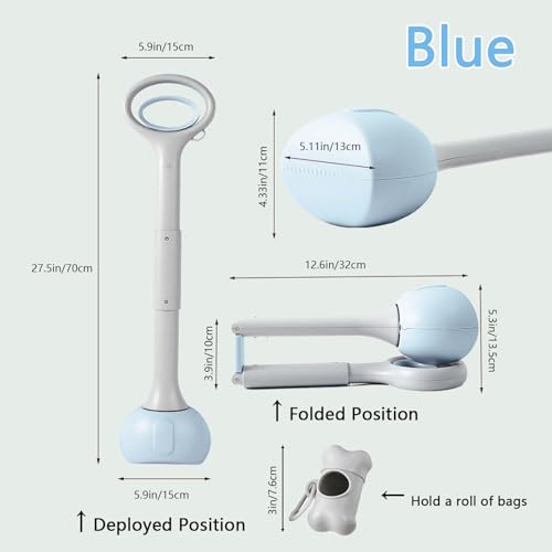 Pooper Scooper with Long Handle 28”, Heavy Duty & Foldable, No Touch Waste Pickup Tool for Large Medium Small Dogs,Portable for Lawn Grass Dirt Gravel, Includes 1 Rolls Waste Bags (Blue-Large) - color: Blue-Large