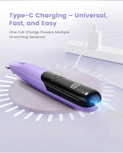 PAPMINI Dog Paw Trimmer with LED Light, 35dB Low Noise Paw Trimmers for Dog's Feet, 2 Speed Safety Electric Dog Clippers for Grooming, Rechargeable Cat Shaver for Paws, Ears, Face, Rump (Purple) - color: Purple