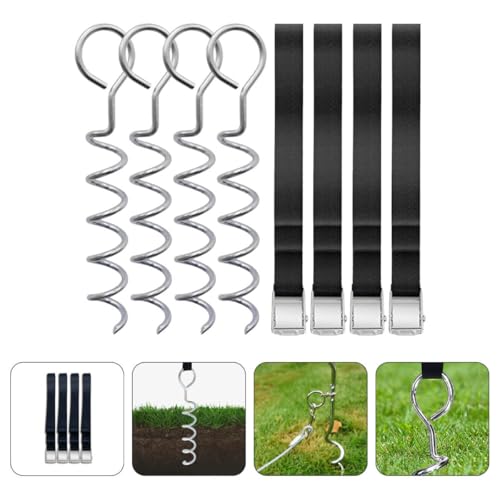 ABOOFAN Heavy Duty Spiral Metal Ground Stakes with Straps, Portable Dog Tie Out Anchor Set for Outdoor Camping, Tent and Trampoline Securement, 4pcs Stake Kit