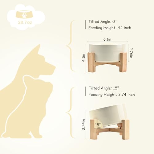SPUNKYJUNKY 15° Slanted Ceramic Dog and Cat Bowl with Wooden Stand, Tilted Bulldog Food and Water Bowl No Slip Non-Spill for Cats Medium Dogs Big Face Pets 28.7 OZ (3.6 Cups, Beige) - color: Beige, size: 3.6 CUPS × 1