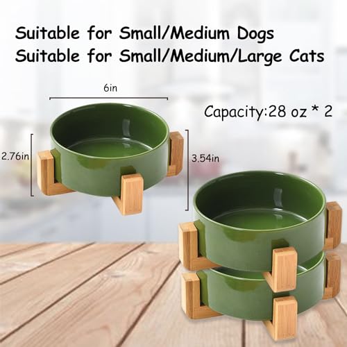 Petygooing Ceramic Dog Bowl Set with Stand, Cat & Dog Food and Water Bowls, Medium Size - Anti-Slip Set of 2 - 28 OZ /3.6 Cups - Rust Green - color: Rust Green, size: Medium Size Dog Bowls 850ML*2