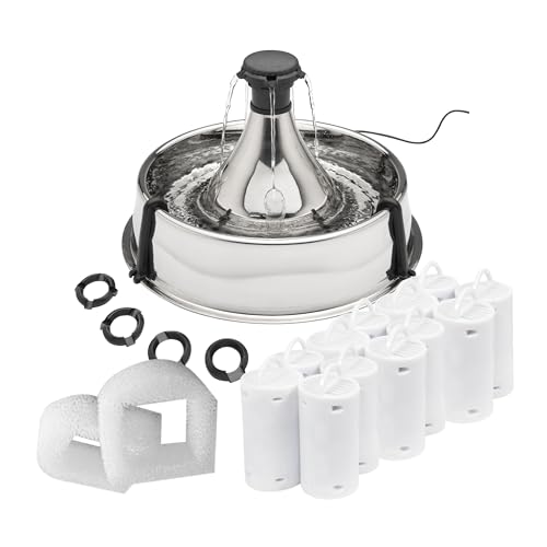 PetSafe Stainless Multi-Pet Fountain with Extra Filters Great for Multiple Pet Households Customizable Stream Options Scratch and Rust Resistant 128 Oz Water Capacity Fresh, Filtered Water - style: Fountain + 12 Carbon Filters + 2 Foam Filters