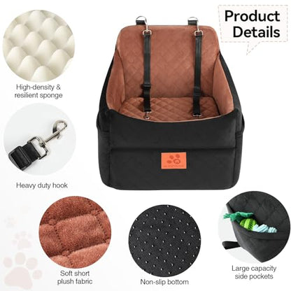 GL GLENSLAVE Dog Car Seat for Small/Medium Dogs, Dog Booster Car Seats with Thick Cushion for Dogs Under 35 lbs, Detachable Washable Pet Carseat with Storage Pockets, 2 Safety Belts(Black/Brown) - color: Black/Brown