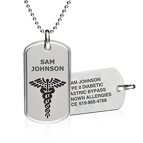 Divoti Custom Laser Engraved Medical Alert Necklace for Men | 28" Ball Chain with Lobster | Personalized Dog Tag ID with Black caduceus | Stainless Steel, Durable Waterproof Design - color: Black, style: 28" Ball Chain