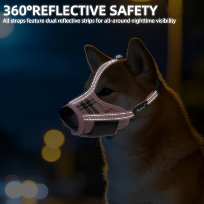 PUPTECK Dog Muzzle, Soft Adjustable Loop Reflective Pets Muzzle Prevent Biting Barking Chewing, Breathable Muzzle with Air Mesh Dog Mouth Guard Drinkable for Large Medium Small Sized, Pink Plaid S - color: Pink, size: S (Snout Cir: 4.7"-5.9")