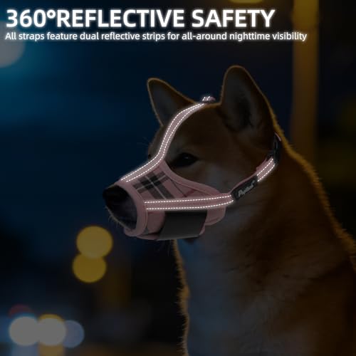 PUPTECK Dog Muzzle, Soft Adjustable Loop Reflective Pets Muzzle Prevent Biting Barking Chewing, Breathable Muzzle with Air Mesh Dog Mouth Guard Drinkable for Large Medium Small Sized, Pink Plaid L - color: Pink, size: L (Snout Cir: 7.09"-9.45")