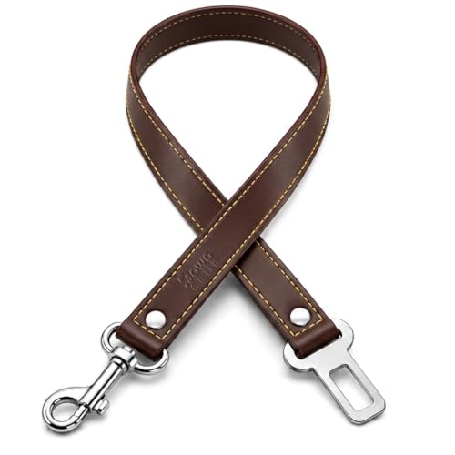 Genuine Leather Dog seat Belt for car, Safe Distraction Free Driving, Heavy-Duty Design with Military Grade Hardware, Harness for Small, Medium and Large Pets (Brown, 30") - color: Brown