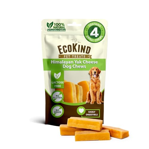 EcoKind Yak Cheese Himalayan Dog Chews, Yak Chews for Small Dogs, Long Lasting Bone for Aggressive Chewers, Only 3 Ingredients, Natural High Protein Treats, No Additives, Lactose Free, Small - 4 Chews