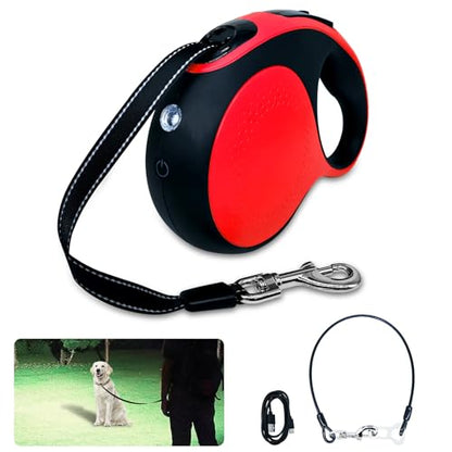 Retractable Dog Leash with LED Light Rechargeable,16Ft Heavy Duty Dog Leash for Medium Large Dogs up to 110lbs,360°No Tangle,One-Handed Brake,Pause,Lock(Red) - color: Red, size: 16ft-Led