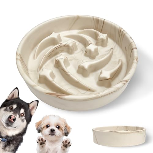 Slow Feeder Dog Bowls Ceramic– 2 Cup Slow Feeding Bowl for Small and Medium Breed, Puzzle Dog Food Bowl for Fast Eater,Brown Marble Pattern