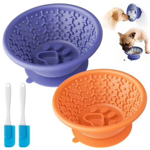 Dog Lick Bowl, Non-Slip Slow Feeder Licking Mat & Treat Dispenser (Wide Bowl Mouth w/Inlaid Stainless Steel Ring) - Interactive Toys, Anxiety Reducer, Freeze Bone for Dogs, BPA Free Silicone - color: Purple+Orang