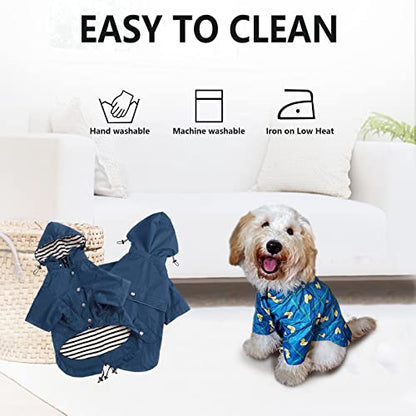Morezi Dog Zip Up Raincoat with Reflective Buttons, Rain/Water Resistant, Adjustable Drawstring, Removable Hood, Raincoats with Legs 8lbs to 80lbs Available - Dark Blue - XS - color: Dark Blue, size: X-Small