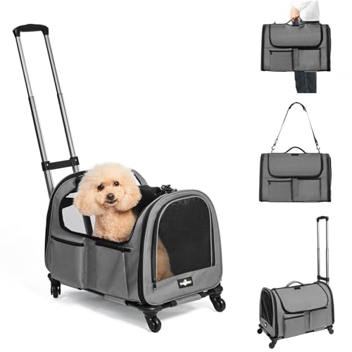 Large Pet Carrier with Wheels, Foldable Rolling Dog Carrier with Big Pocket, Cat Rolling Bag 21"x13"x13" for 2 Cats &Dogs, for Travel, Outdoor, Vet Visits, Camping, Indoor. Gray. (Not for Airline) - color: Gray