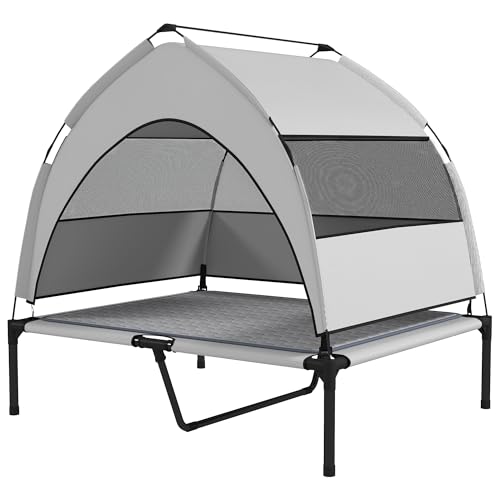 Elevated Dog Bed with Removable Canopy & Cooling Pad – Raised Outdoor Dog Cot with Breathable Mesh, Steel Frame, Storage Bag, Portable Pet Bed for Large Dogs
