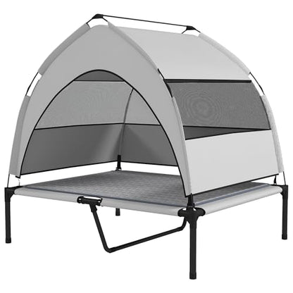 Elevated Dog Bed with Removable Canopy & Cooling Pad – Raised Outdoor Dog Cot with Breathable Mesh, Steel Frame, Storage Bag, Portable Pet Bed for Large Dogs