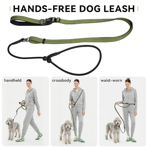 Hands Free Slip Lead Dog Leash, Crossbody & Waist Leash for Walking Running, No-Pull Dog Training Lead for Small & Medium Dogs, Multifunctional Adjustable Lead 4-8FT. (Army Green) - color: Army Green
