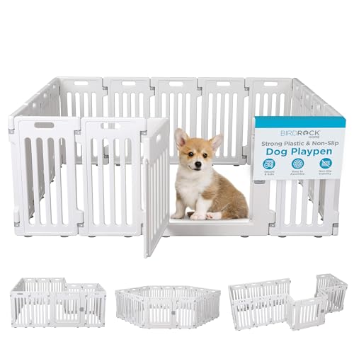BIRDROCK HOME Dog Playpen w/Door, 16 Panel, 25.6in H | Strong Plastic, Non-Slip Puppy Playpen, Secure Pet Gate | Indoor Outdoor Fence | Configurable Panels | Medium to Large Pets - White - color: White, style: 16 Panels