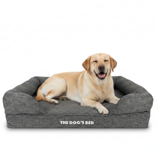 The Dog’s Bed Orthopedic Memory Foam Dog Bed with Bolsters for Large Dogs, Waterproof Washable Cover, Anti-Slip Base, Calming Surface – CertiPUR-Certified Foam, Largeinen Fabric, Grey Linen, Large - color: Grey Linen, size: Large Beds