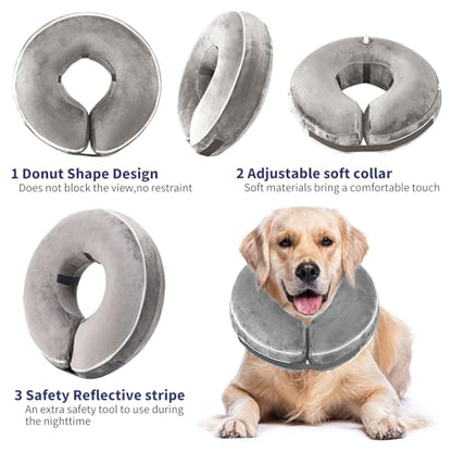 Inflatable Reflective Dog Cone Collar Alternative After Surgery,Doggie Recovery Dount Neck Ecollar,Adjustable Soft Dog Cone Collar for Small Medium Large Dogs (Grey, M) - color: Grey, size: Medium（10.5"-13"）