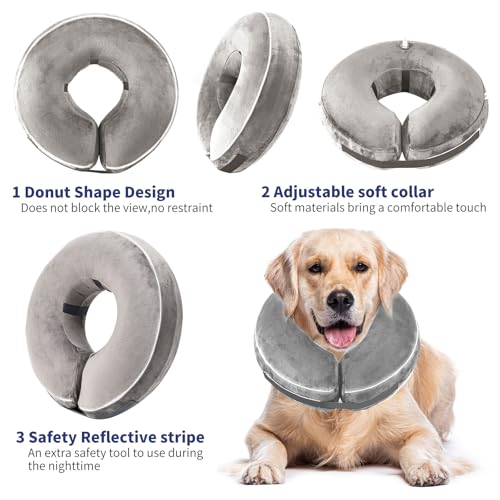 Inflatable Reflective Dog Cone Collar Alternative After Surgery,Doggie Recovery Dount Neck Ecollar,Adjustable Soft Dog Cone Collar for Small Medium Large Dogs (Grey, S) - color: Grey, size: Small（8.5"-10.5"）