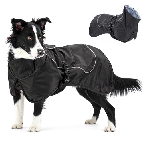 Waterproof Dog Raincoat, Windproof Rain Jacket with Velvet Lining for Outdoor Windy Weather, Breathable Full-Body Coverage Dry Suit Coat with Reflective Strips for Large Big Dog (Black, Large) - color: Black, size: L