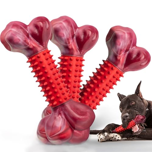 3-Pack Tough Dog Toys for Aggressive Chewers: Beef Flavored Long Lasting Dog Bones for Large Dogs, Heavy Duty Nylon & Rubber Dog Chew Toys to Keep Them Busy, Medium & Large Breed, Red - color: 3 PC-Beef-Red