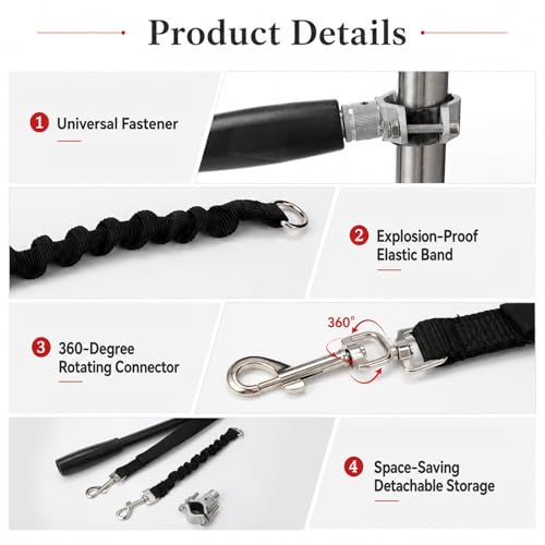 Dog Bike Leash with 16.7 in Steel Pole, Black Pet Bike Attachment with Shock Absorbing Bungee, 360 Degree No Tangle Running Dog Leash for Cycling, Jogging, Outdoor Exercise