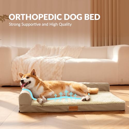 Patas Lague Orthopedic XL Dog Bed Large Sized Dog 42''X28'', Waterproof L Bolster Big Large Pet Sofa Beds with Removable Washable Cover, Soft Pet Couch Crate Mat with Nonskid Bottom, Beige - color: Beige, size: 42"L x 28"W x 3.5"Th