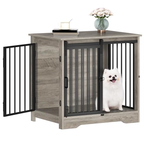 Hzuaneri 27.2" Dog Crate Furniture with Barn Door, Heavy Duty Dog Kennel Indoor with 2 Doors, Wooden Pet Cage End Table for Small Medium Dogs up to 22 lb, Anti-Chew Anti-Escape, Greige DFC84305B - color: Greige, size: 27.2"L x 19.3"W x 25.4"H