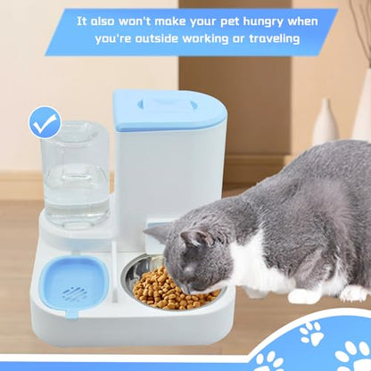 Automatic Cat Food and Water Dispenser Set 2 in 1, All-in-One Gravity Pet Feeder with Stainless Steel Cat Food Bowl Travel Auto Supply Feeder and Water Dispenser for Small Medium Cats Dogs (Blue) - color: 【Bule】