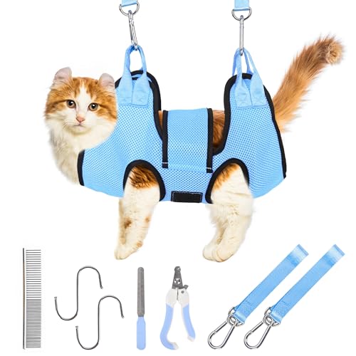 PatiencET Cat Grooming Hammock for Nail Trimming Pet Hammock for Small Dogs with Security Strap Dog Sling for Nail Clipping with Clippers Nail File and Pet Comb (Cerulean XS) - color: Cerulean, size: XS (12 LB Max)