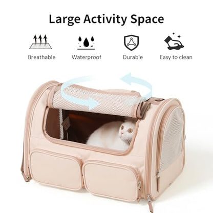 FUKUMARU Cat Carrier, 4 Mesh Windows Small Dog Carrier, 4 Storage Pockets Cat Travel Bag, Under 15 lb Airline Approved Pet Carrier, Rollable Cover for Nervous Cats, Pink - color: Pink