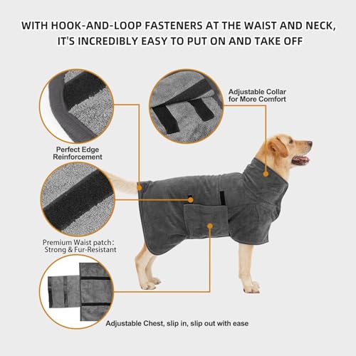 Dog Bathrobe, Quick Drying Super Absorbent Dog Robes for After Bath, Warm Keeping Dogs Towel, Dogs Bath Supplies, Comfortable Soft Drying Coat (Medium, Grey)