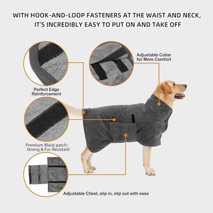 Dog Bathrobe, Quick Drying Super Absorbent Dog Robes for After Bath, Warm Keeping Dogs Towel, Dogs Bath Supplies, Comfortable Soft Drying Coat (Medium, Grey)