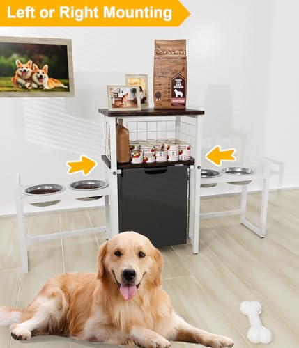 30.6Long x 26.2 High Elevated Dog Bowl Stand with Pet Food Storage Organizer, Adjustable Raised Feeding Station with Toy Basket for Large Medium Small Dogs and Cats, White - color: White