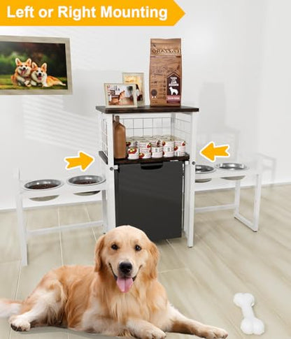 30.6Long x 26.2 High Elevated Dog Bowl Stand with Pet Food Storage Organizer, Adjustable Raised Feeding Station with Toy Basket for Large Medium Small Dogs and Cats, White - color: White