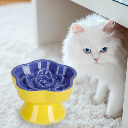 S&Q's CERAMICS Raised Slow Feeder Cat Bowl, Ceramic Elevated and Titled Pet Food Bowl, Small Dogs Slow Feeder, Flower Shaped Dish for Dry and Wet Food (Blue, 5.8") - color: Blue