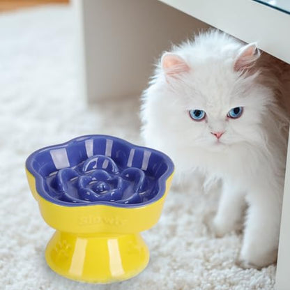 S&Q's CERAMICS Raised Slow Feeder Cat Bowl, Ceramic Elevated and Titled Pet Food Bowl, Small Dogs Slow Feeder, Flower Shaped Dish for Dry and Wet Food (Blue, 5.8") - color: Blue