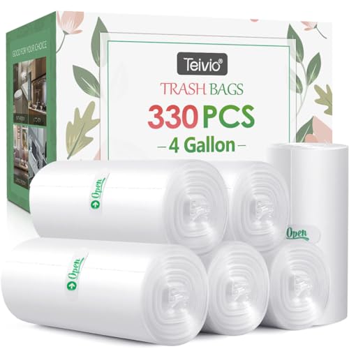 4 Gallon 330 Counts Strong Trash Bags Garbage Bags by Teivio, Bathroom Trash Can Bin Liners, Small Plastic Bags for home office kitchen (Clear) - size: 1 Count (Pack of 330)