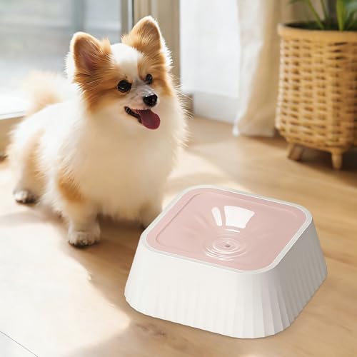 Spill Proof Dog Water Bowl 37oz, Large Capacity No Drip Pet Dispenser with Non-Slip Base, Slow Water Bowl for Dogs Puppies Indoor Outdoor Use, 22x22x8cm - color: Pink