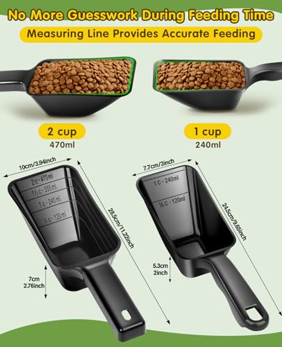 2 Pack Dog Food Scoop with 1 Cup and 2 Cup Capacity, Plastic Pet Food Measuring Scoops with Clear Measurement Lines for Dogs, Cats & More,Dishwasher safe (Black) - color: Black