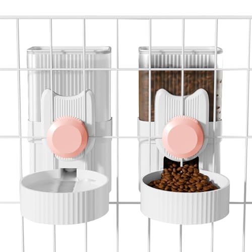 Hanging Cage Automatic Small Pet Food Bowl Water Bottle Dispenser, 1L Auto Gravity Pet Feeder and Waterer Set Kennel Feeding Station Crate Feeder Dish for Rabbit Puppy Cats Ferret (Pink) - color: Pink