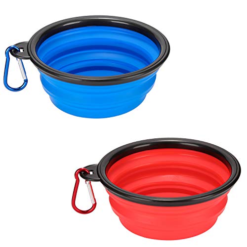 Pack of 2 Large Size Collapsible Dog Bowl, Food Grade Silicone BPA Free, with Carabiner Clip Foldable Expandable Cup Dish for Pet Cat Food Water Feeding Portable Travel Bowl (Blue & Red) - size: Pack of 2