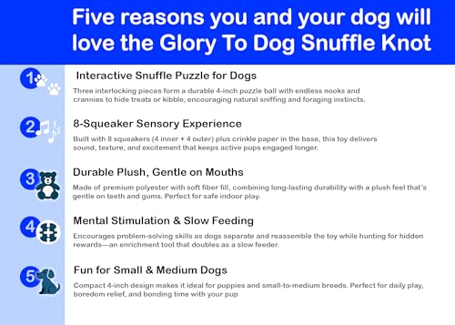 Glory To Dog Blue Snuffle 매듭 인터랙티브 강아지 장난감 10.2cm(4인치) 퍼즐 볼, 스퀴커 8개 및 주름 포함 - 강아지 및 소형견을 위한 간식 숨기기 강화 장난감 - 내구성 있는 플러시 감각 놀이 및 자극 - color: 블루.