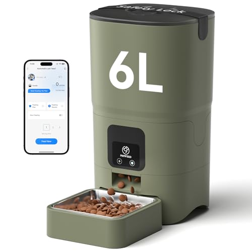 PAPIFEED Automatic Cat Feeder with App, 2.4G WiFi Cat Food Dispenser, 6L Timed Cat Feeders for Dry Food, 10 Meals/Day, 12 Portions/Meal, Dual Power Supply Smart Pet Feeder for Small Dog, Army Green - color: Green