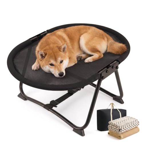 Elevated Dog Bed for Small Medium Dogs & Cats, Foldable Portable Pet Cot with 2 Interchangeable Covers & Storage Bag, Raised Indoor Outdoor Hammock, 22.4", Oval