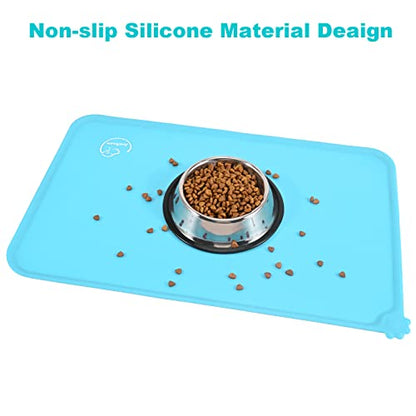 Silicone Waterproof Dog Cat Pet Feeding Mats, Non Slip, Easy Clean Pet Dog Cat Bowl Mats Placemat (18.5" x 11.5") Blue - color: Blue, size: 18.5" x 11.5"